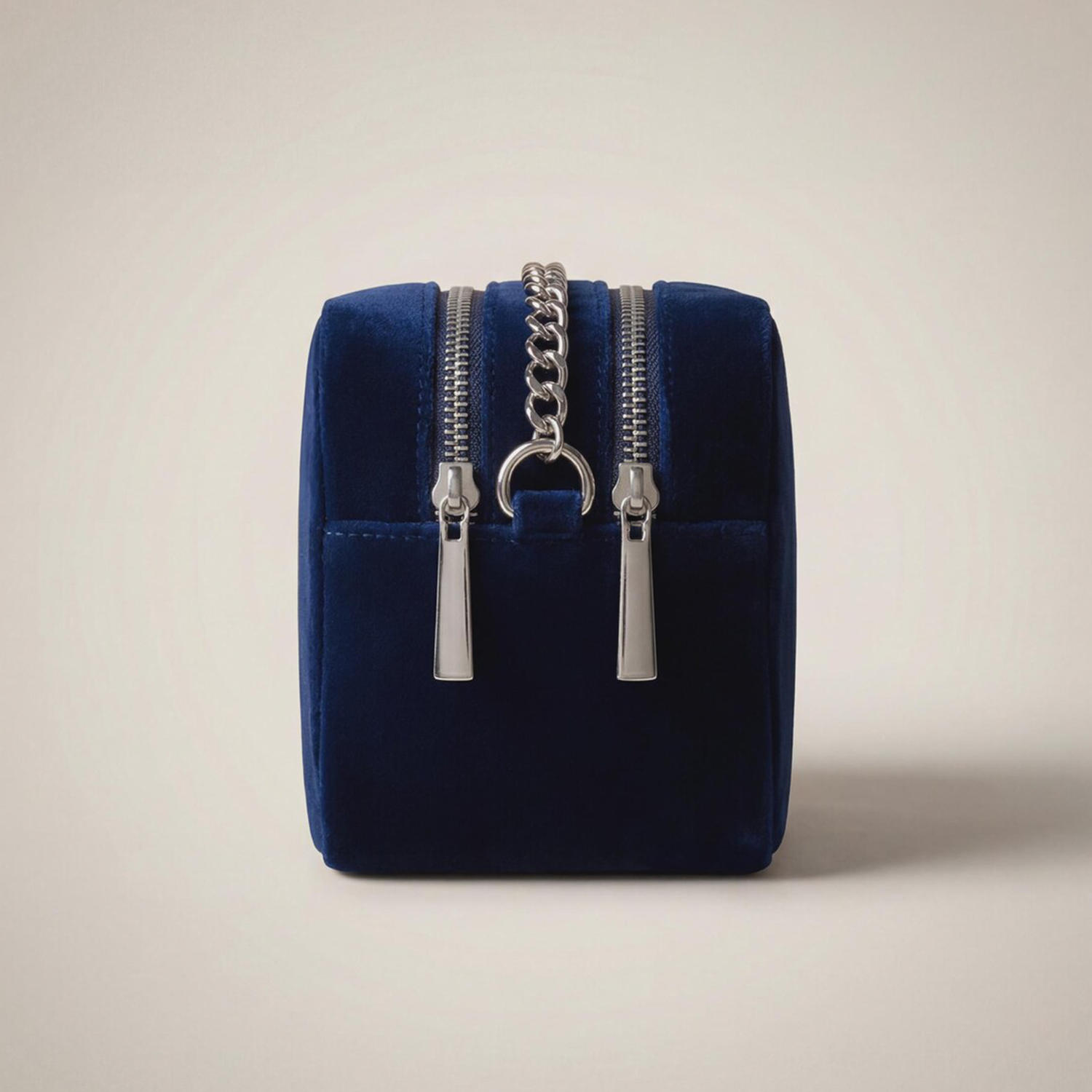Deep Royal Blue Matte Velvet Compact Rectangular Box Pouch With Dual Parallel Silver Zip Compartments, Velvet Shoulder Tab And Polished Curb Metal Chain Carry Hardware