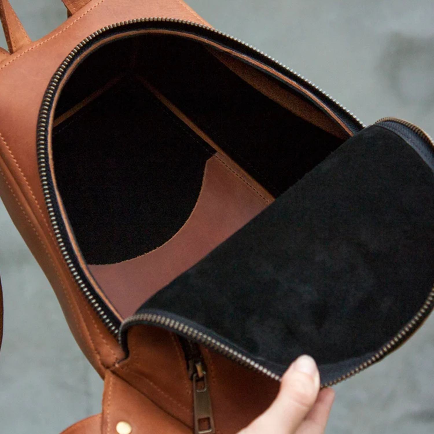 Warm Vintage Tan Compact Geometric Trapezoid Rucksack With Full Antique Metal Zip Closure, Divided Lined Inner Cavity And Stud Fastened Rear Carry Straps Backpack