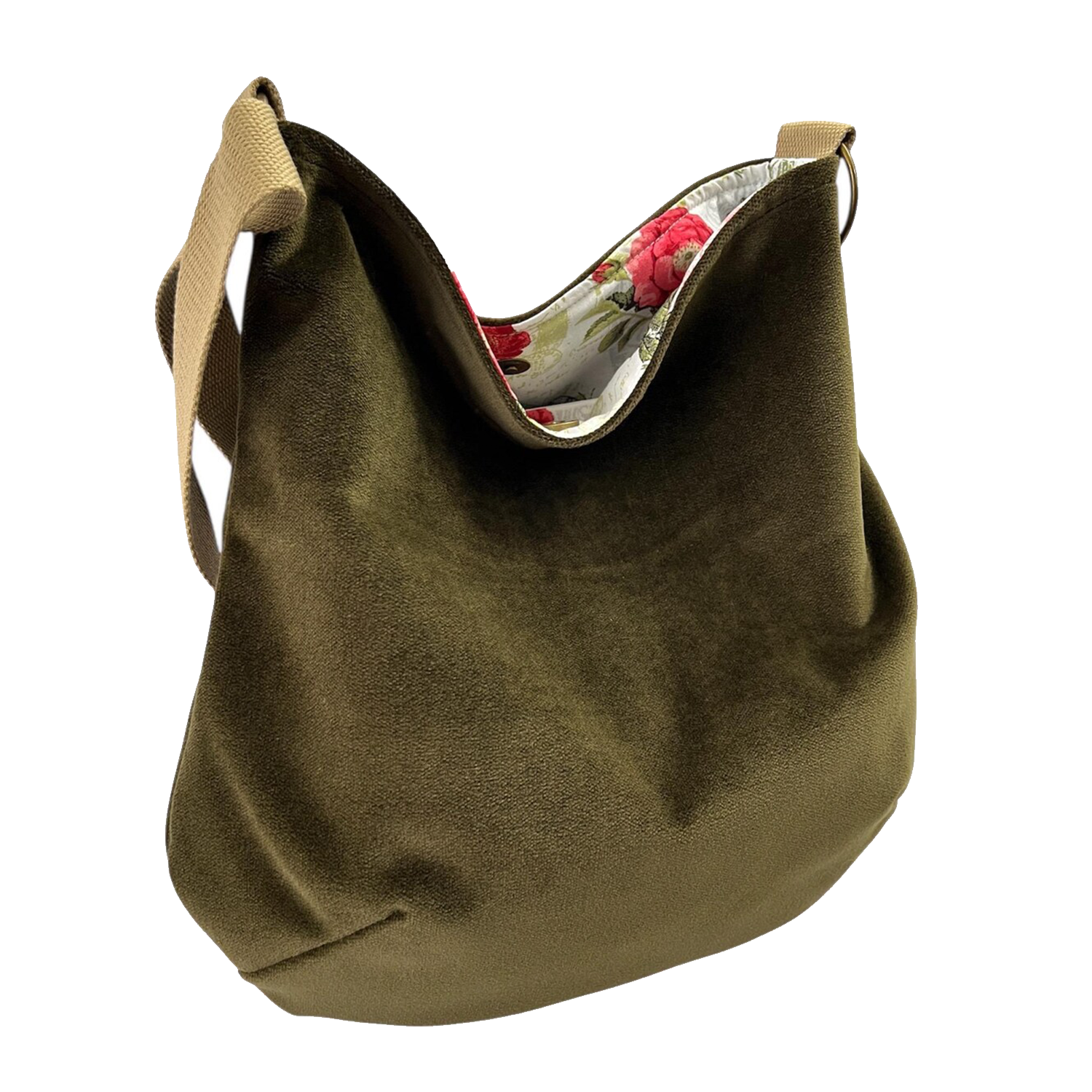 Muted Olive Plush Velvet Oversized Slouch Hobo Sack With Floral Print Lining, Wide Beige Woven Webbing Shoulder Strap And Full Curved Fabric Zip Top Closure Hardware