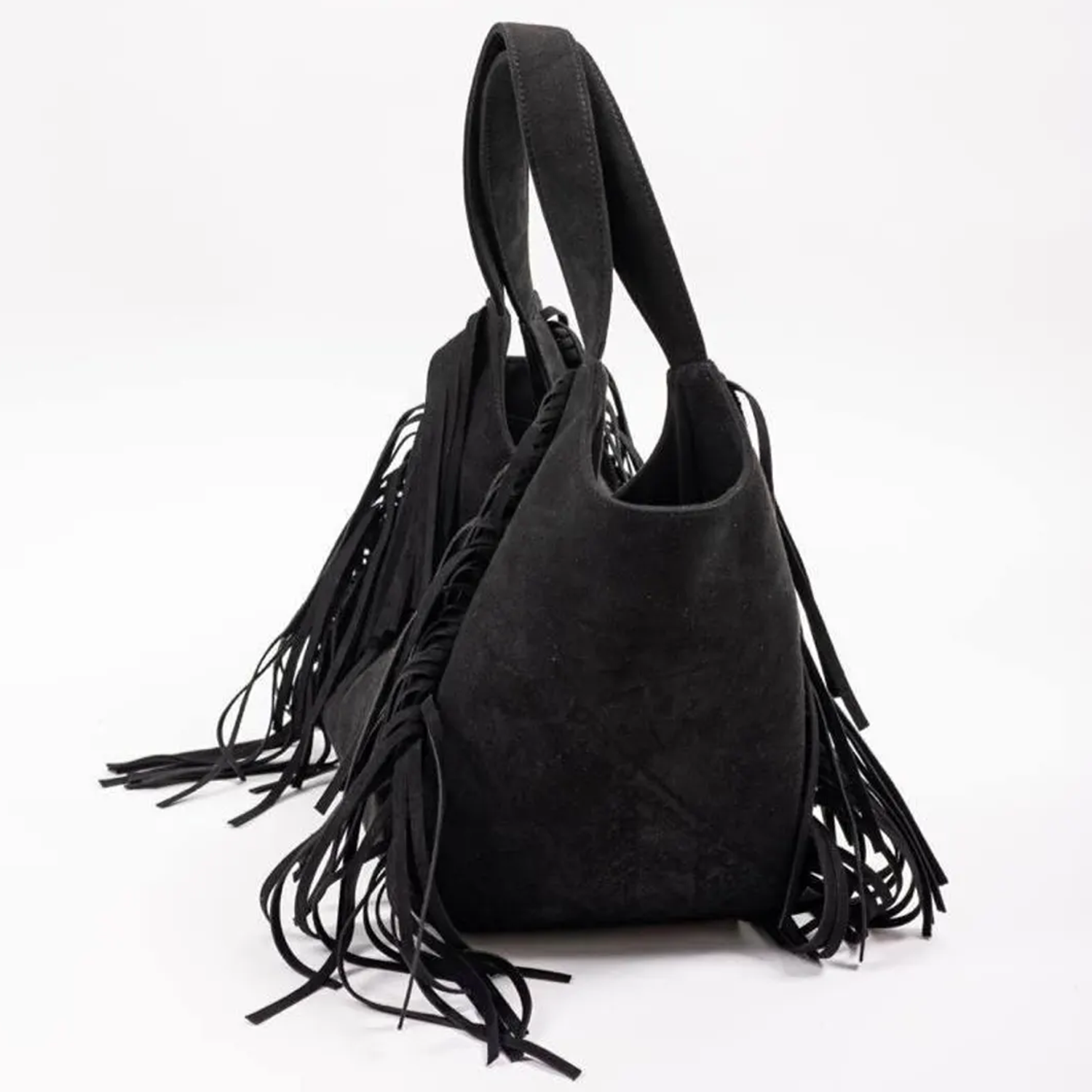 Matte Deep Black Soft Suede-Like Slouch Curved Hobo Tote With Cascading Side Fringe Accent And Fixed Wide Matching Fabric Top Handle Loops Leather Bag