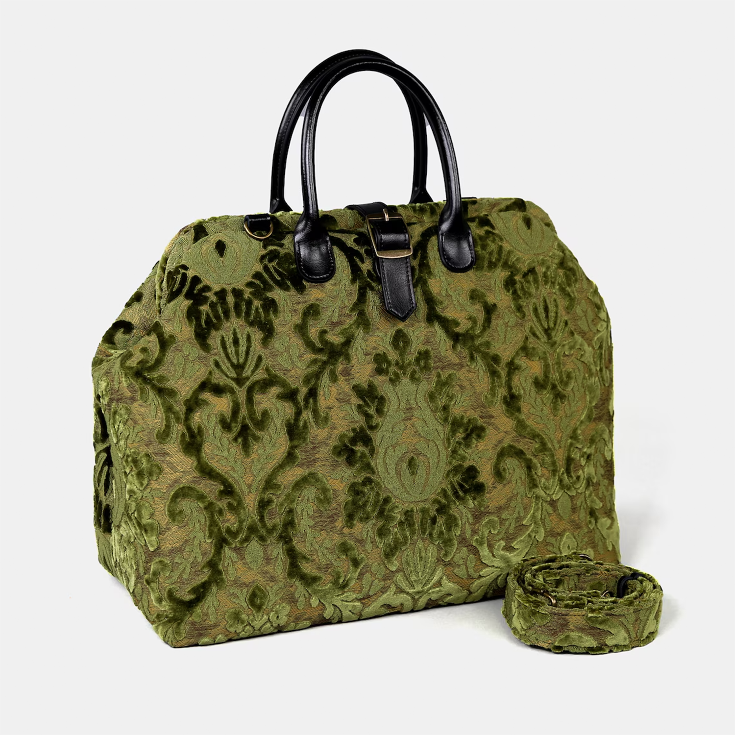 Fern Green Burnout Velvet Structured Weekender Duffel With Raised Damask Scroll Motifs, Black Leather Top Handles, Base Support Studs And Matching Pattern Detachable Shoulder Carry Strap Hardware