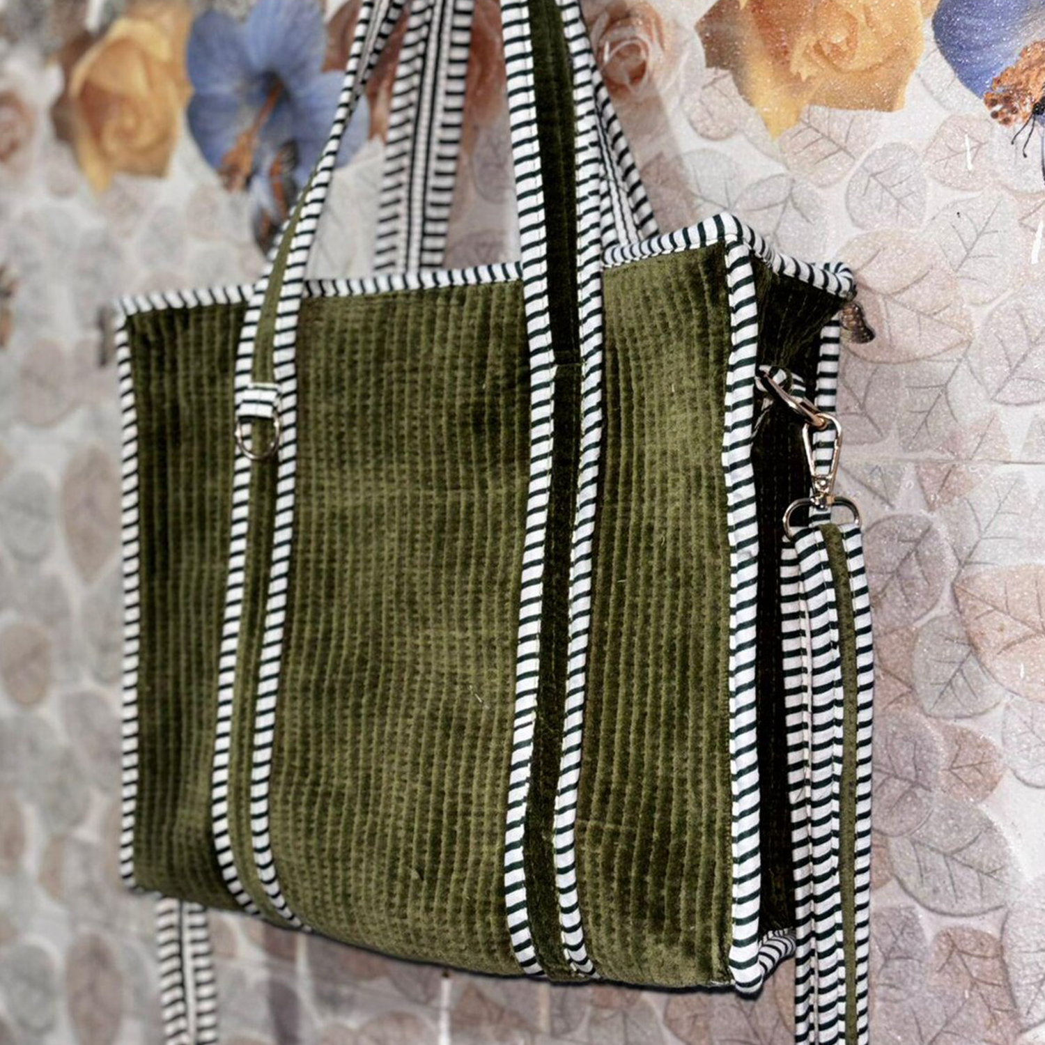 Olive Vertical Ribbed Velvet Structured Rectangular Tote With Contrast Black White Striped Trim, Dual Velvet Top Handles And Detachable Striped Fabric Shoulder Carry Strip Hardware