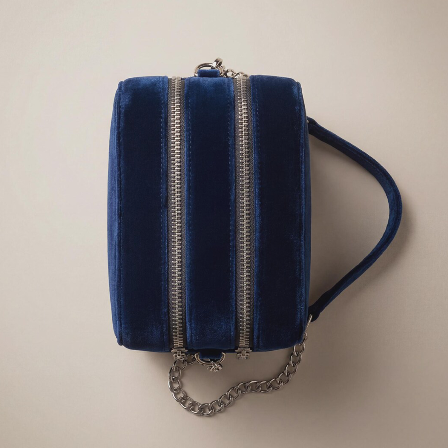 Deep Royal Blue Matte Velvet Compact Rectangular Box Pouch With Dual Parallel Silver Zip Compartments, Velvet Shoulder Tab And Polished Curb Metal Chain Carry Hardware