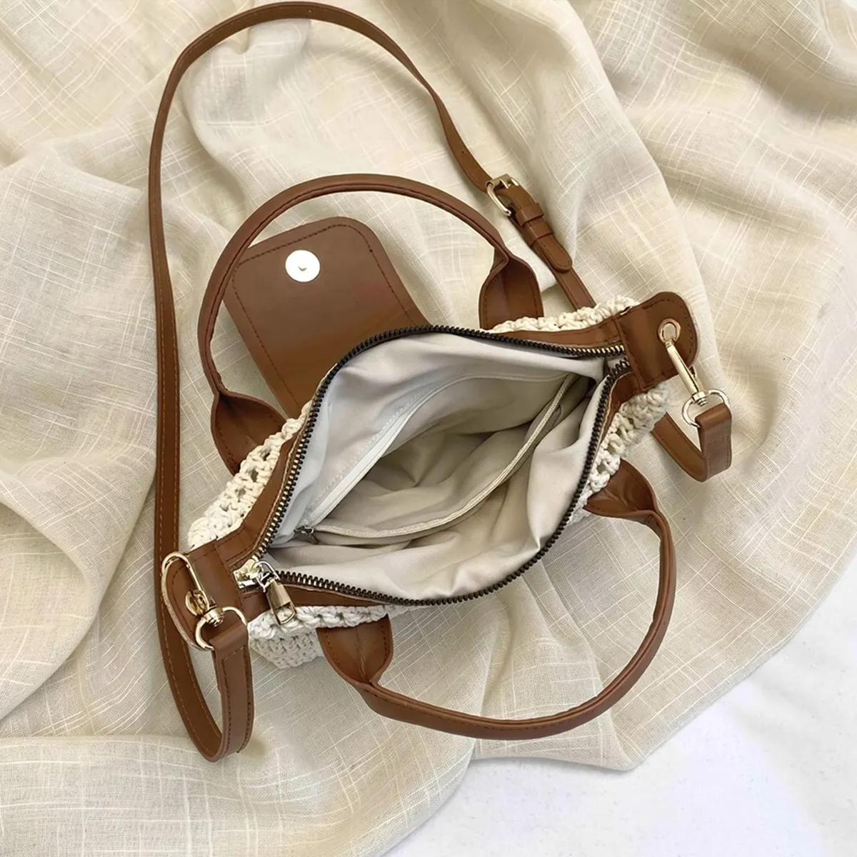 Chunky Open Grid Crochet Compact Mini Tote With Brown Trim Curved Top Grips, Snap Flap Pocket And Slider-Fitted Detachable Shoulder Carry Strip Hardware