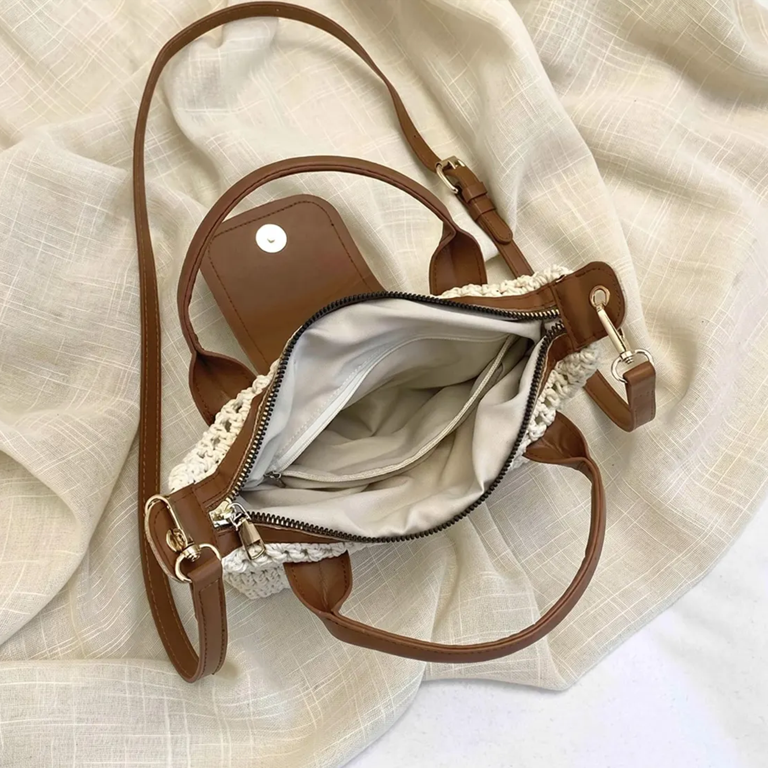 Chunky Open Grid Crochet Compact Mini Tote With Brown Trim Curved Top Grips, Snap Flap Pocket And Slider-Fitted Detachable Shoulder Carry Strip Hardware