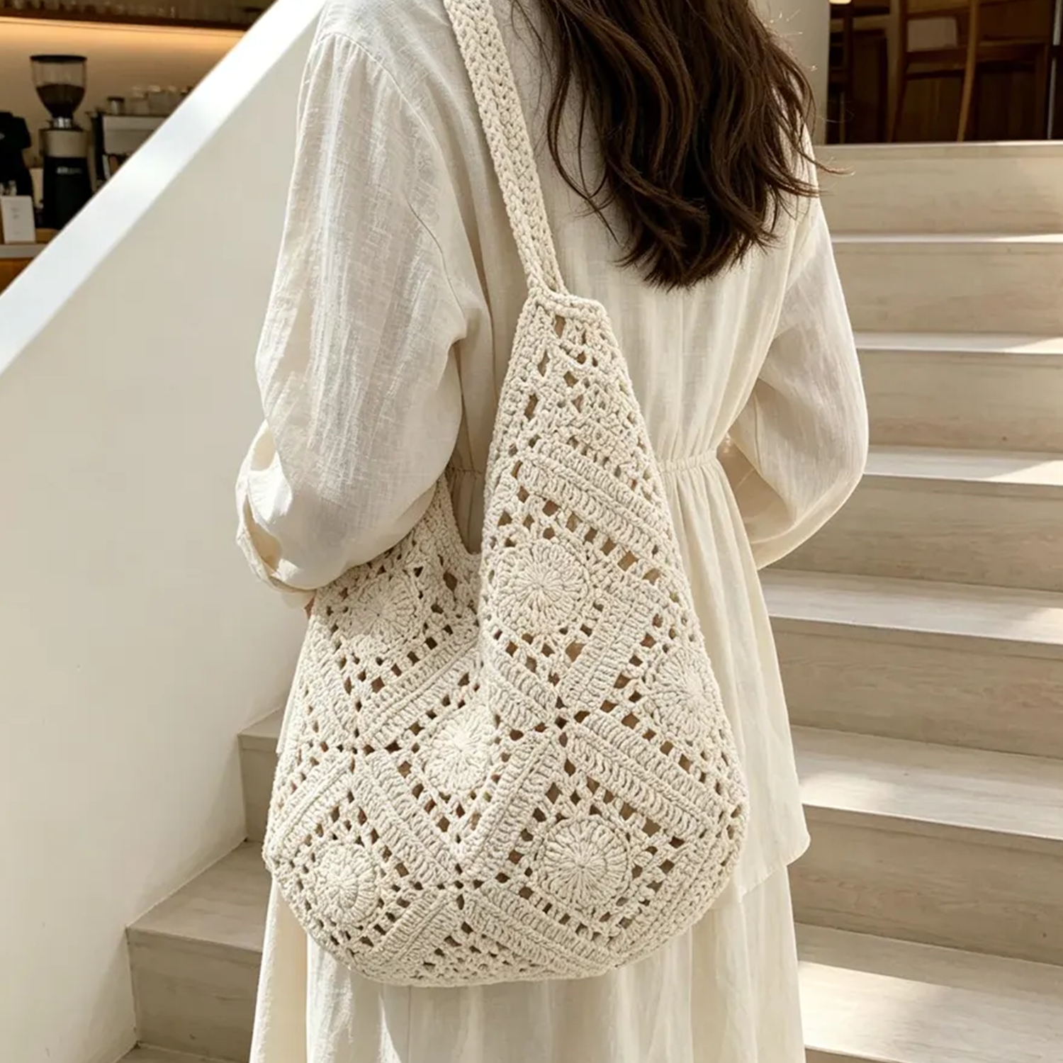 Cream Openwork Granny Square Crochet Slouch Crescent Shoulder Tote With Integrated Continuous Woven Loop Strap And Floral Rosette Panel Detailing