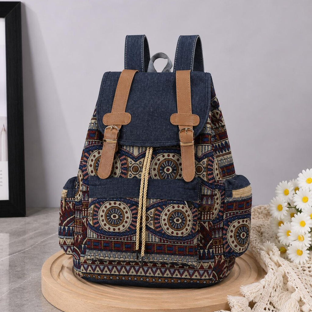 Ethnic Tribal Print Drawstring Flap Rucksack With Dark Denim Flap Cover, Tan Buckle Strap Hardware And Dual Side Zip Storage Pouches Backpack