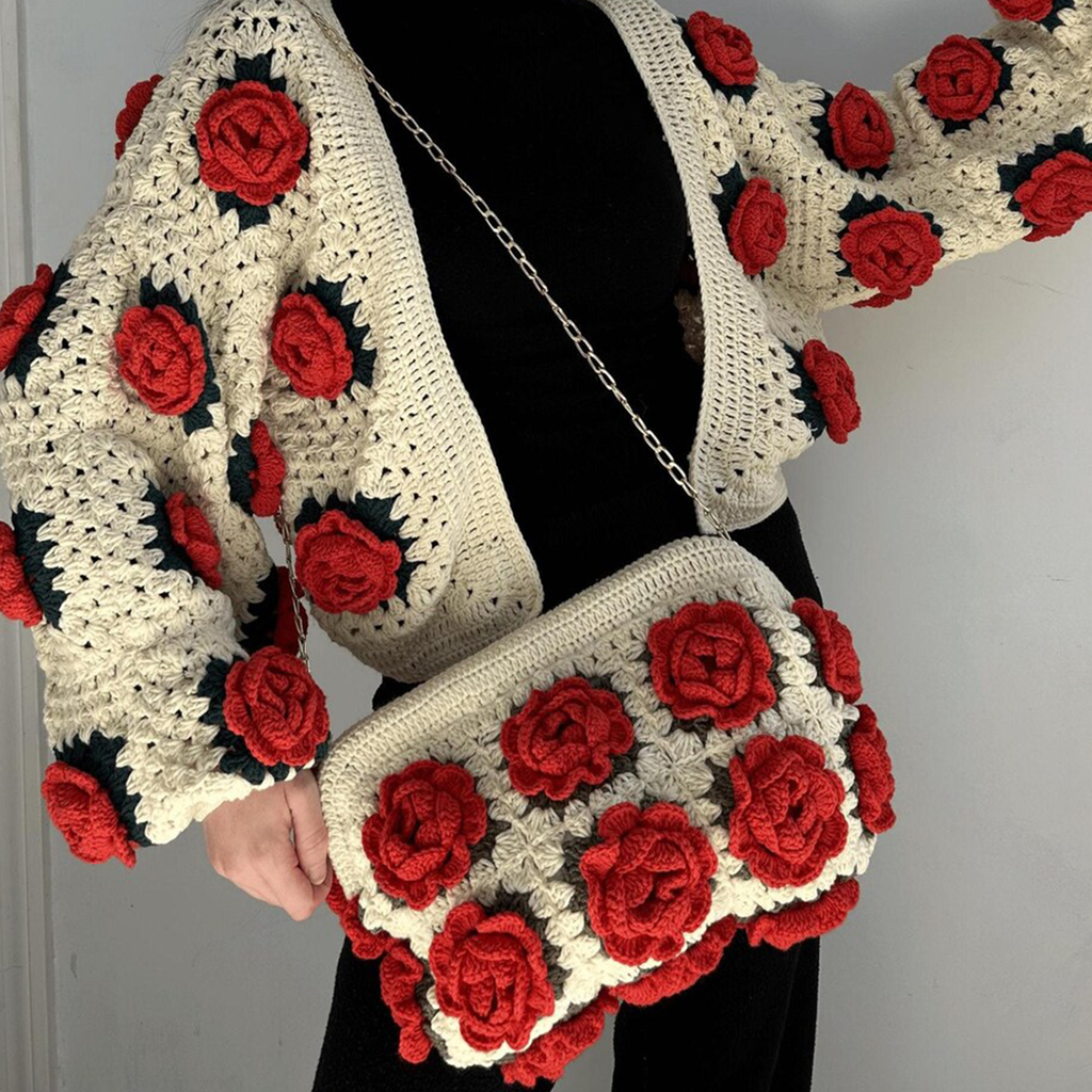 Cream Off-White Granny Square Crochet Rectangular Pouch With Raised 3D Red Rose Embellishments, Polished Curb Metal Chain Strap And Full Top Fabric Zip Closure Hardware