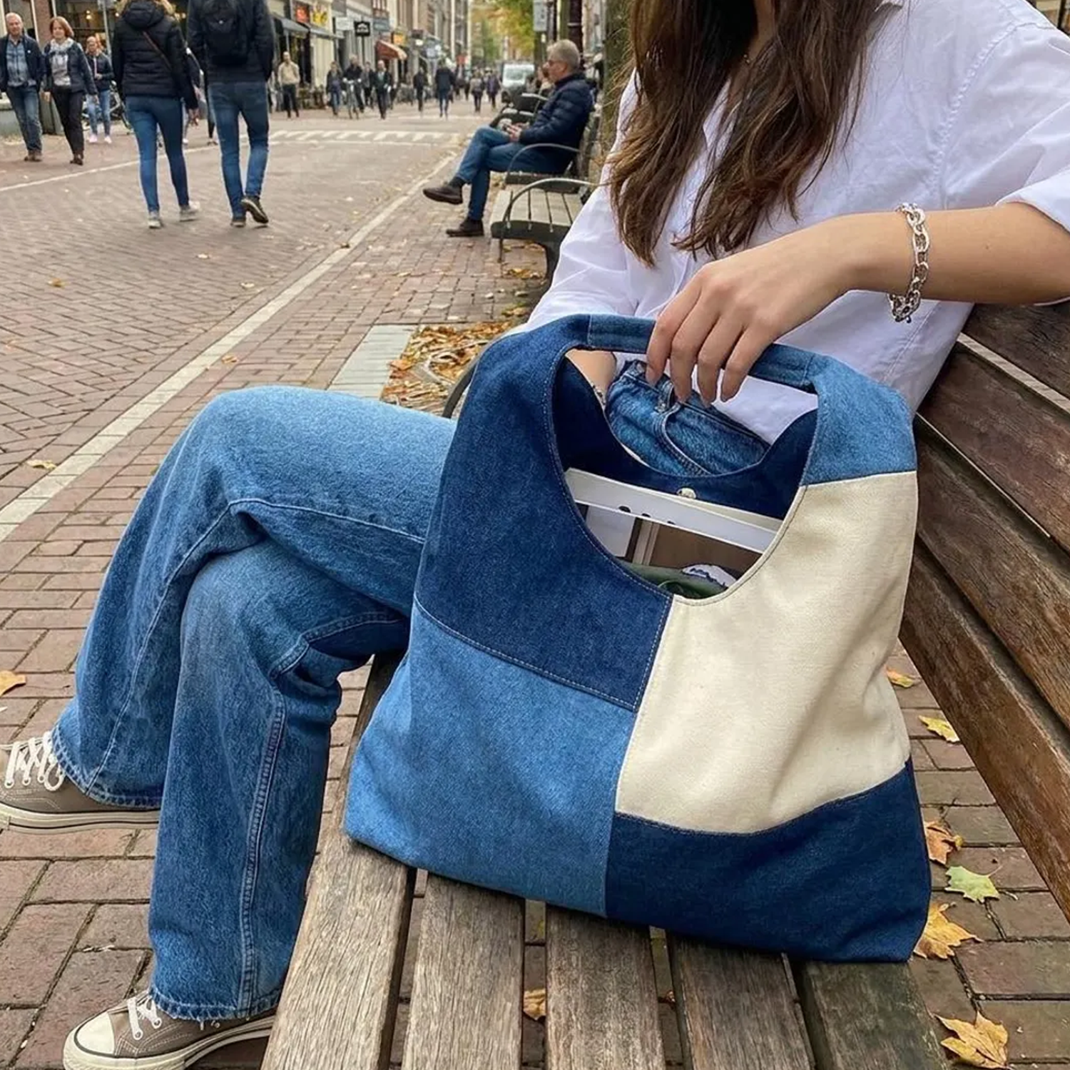 Two-Tone Denim And Cream Canvas Patchwork Oversized Slouch Shoulder Tote With Continuous Integrated Fabric Loop Handle And Spacious Unlined Open Interior Cavity