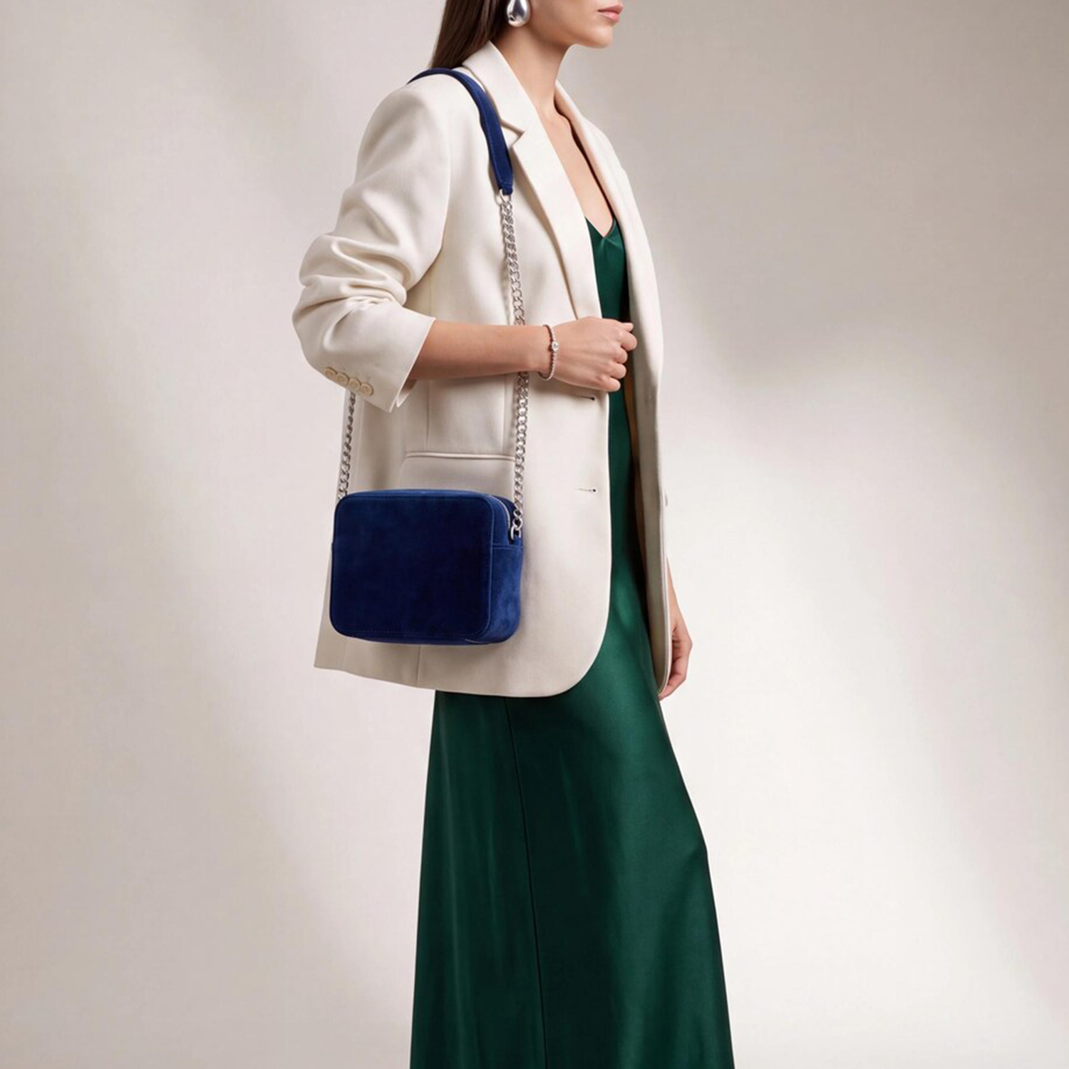 Deep Royal Blue Matte Velvet Compact Rectangular Box Pouch With Dual Parallel Silver Zip Compartments, Velvet Shoulder Tab And Polished Curb Metal Chain Carry Hardware