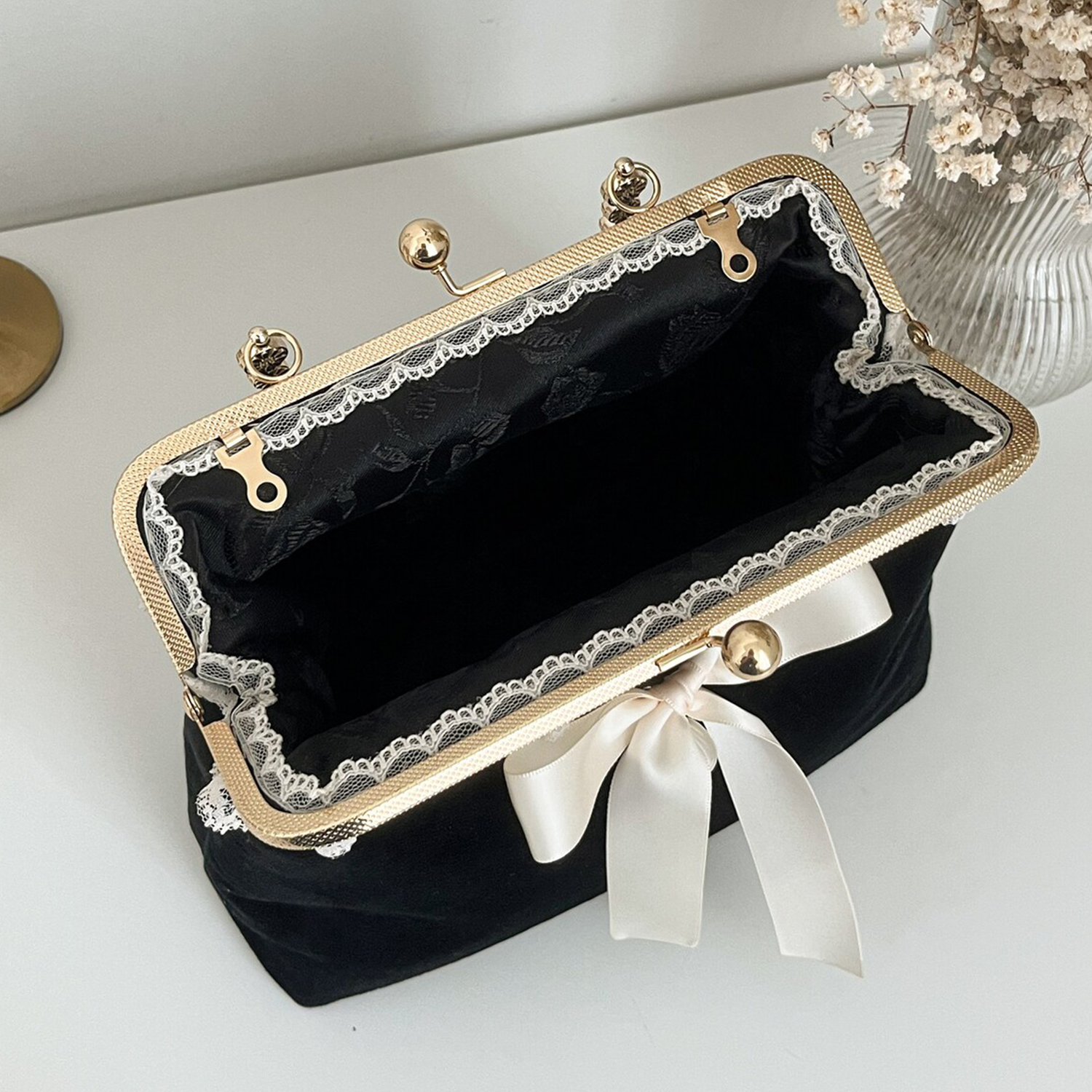 Matte Black Velvet Vintage Rectangular Frame Handbag With Lace Trim Satin Pearl Bow Accent, Floral Engraved Golden Kiss-Lock Frame And Jacquard Lace Edged Lining