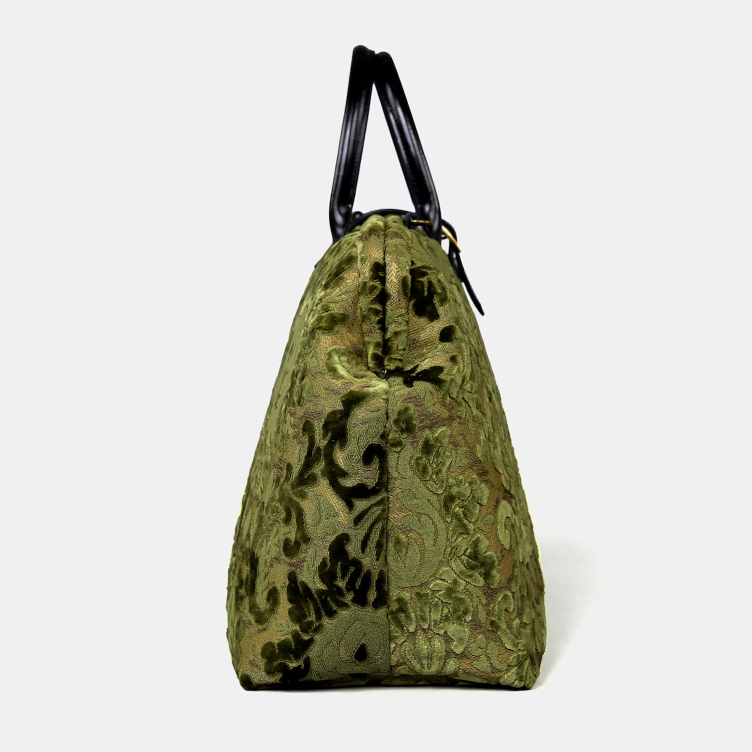 Fern Green Burnout Velvet Structured Weekender Duffel With Raised Damask Scroll Motifs, Black Leather Top Handles, Base Support Studs And Matching Pattern Detachable Shoulder Carry Strap Hardware