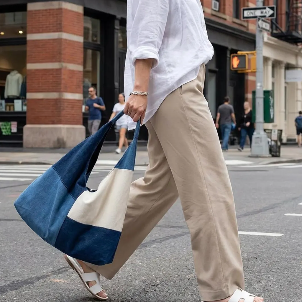 Two-Tone Denim And Cream Canvas Patchwork Oversized Slouch Shoulder Tote With Continuous Integrated Fabric Loop Handle And Spacious Unlined Open Interior Cavity
