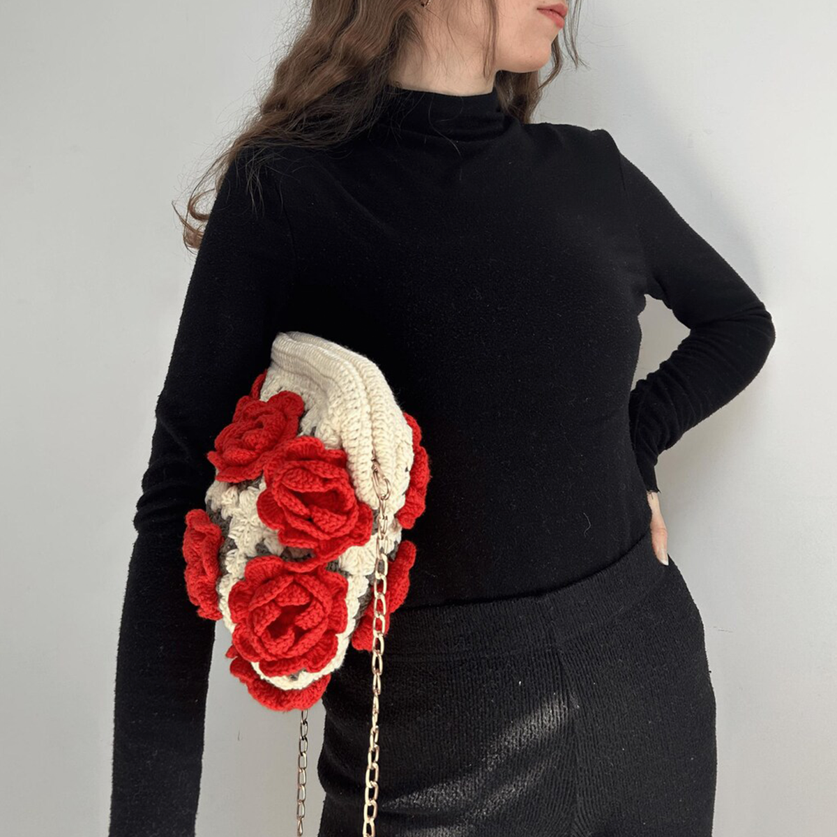 Cream Off-White Granny Square Crochet Rectangular Pouch With Raised 3D Red Rose Embellishments, Polished Curb Metal Chain Strap And Full Top Fabric Zip Closure Hardware
