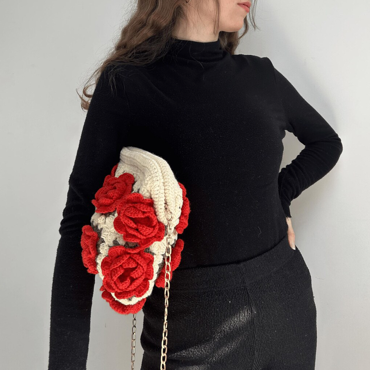 Cream Off-White Granny Square Crochet Rectangular Pouch With Raised 3D Red Rose Embellishments, Polished Curb Metal Chain Strap And Full Top Fabric Zip Closure Hardware
