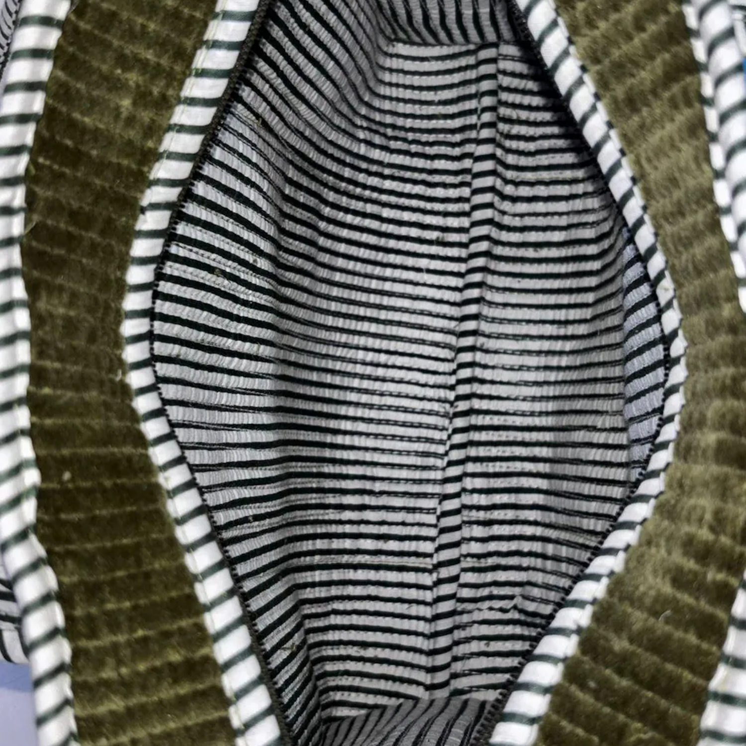 Olive Vertical Ribbed Velvet Structured Rectangular Tote With Contrast Black White Striped Trim, Dual Velvet Top Handles And Detachable Striped Fabric Shoulder Carry Strip Hardware