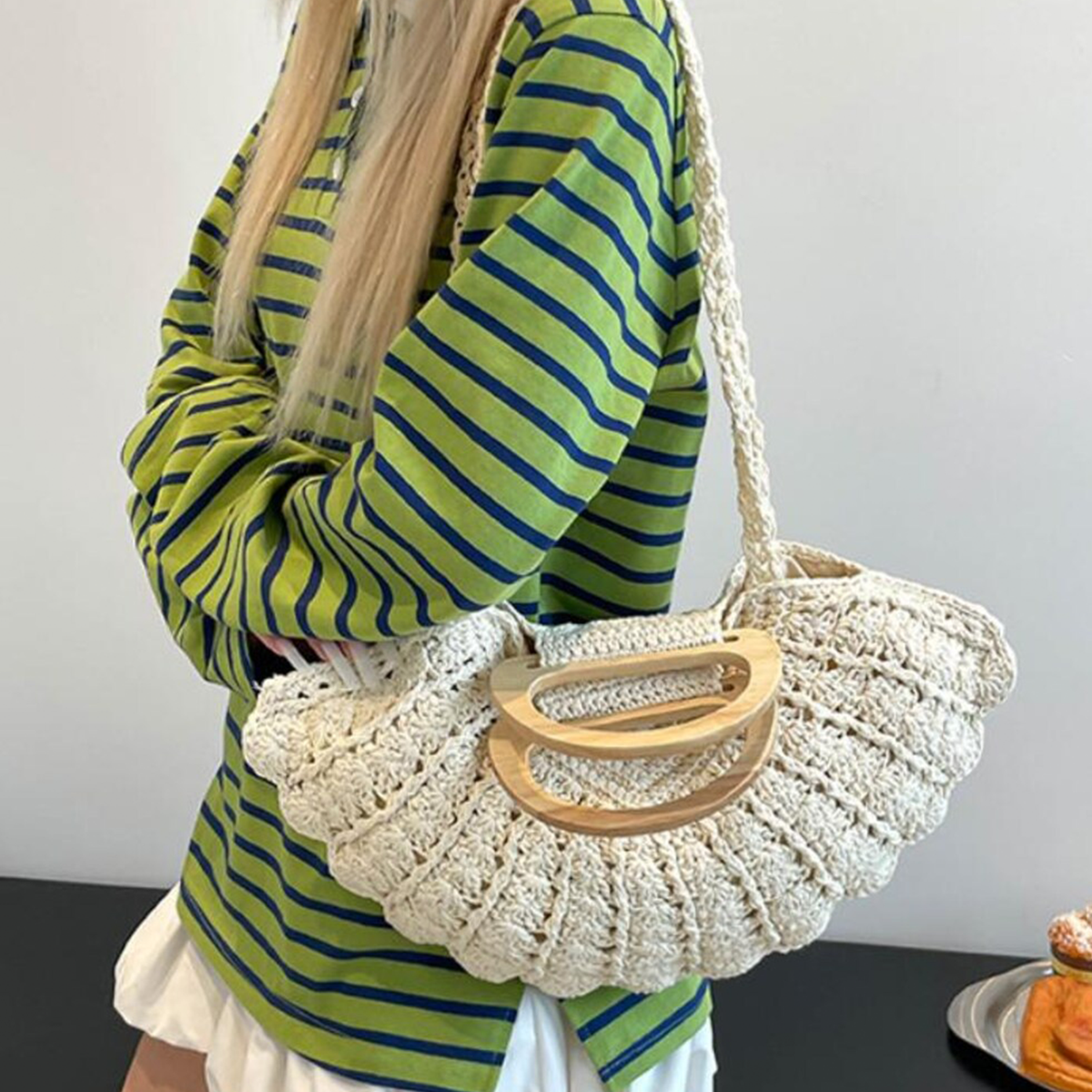 Cream Concentric Chevron Crochet Fan Tote With Hollow Oval Wooden Ring Top Grip, Braided Yarn Shoulder Drape Straps And Scalloped Open Lace Shell Silhouette