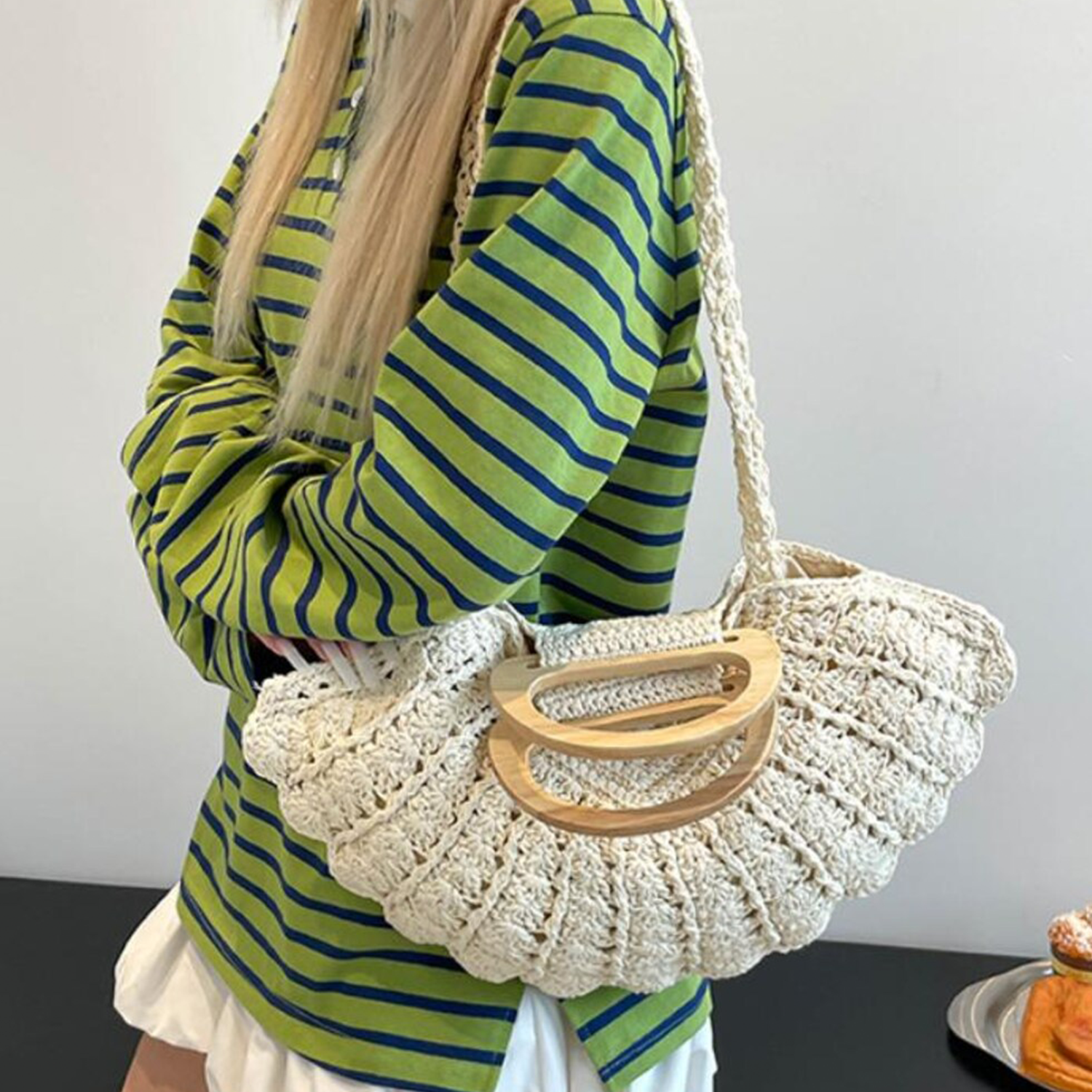 Cream Concentric Chevron Crochet Fan Tote With Hollow Oval Wooden Ring Top Grip, Braided Yarn Shoulder Drape Straps And Scalloped Open Lace Shell Silhouette