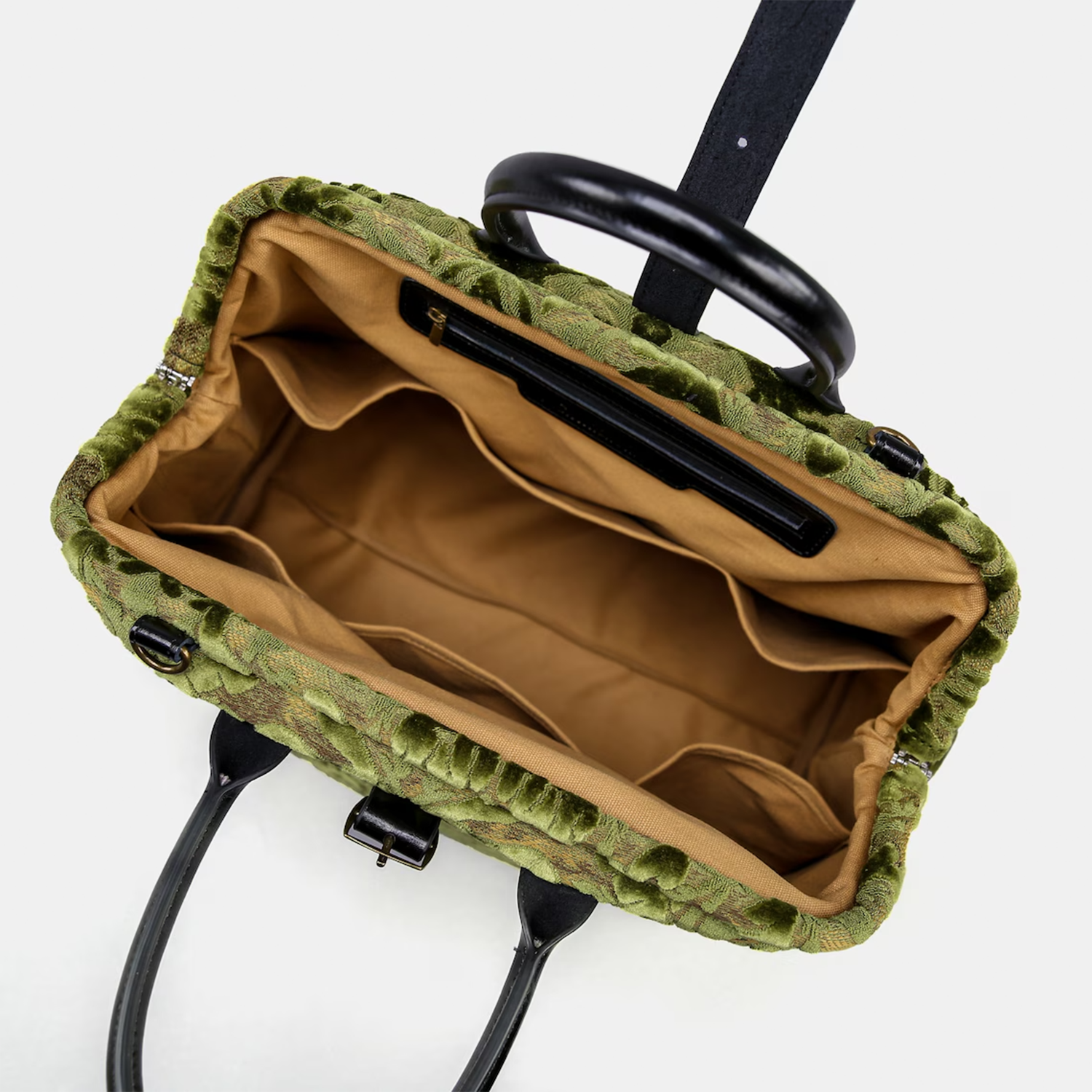 Fern Green Burnout Velvet Structured Weekender Duffel With Raised Damask Scroll Motifs, Black Leather Top Handles, Base Support Studs And Matching Pattern Detachable Shoulder Carry Strap Hardware