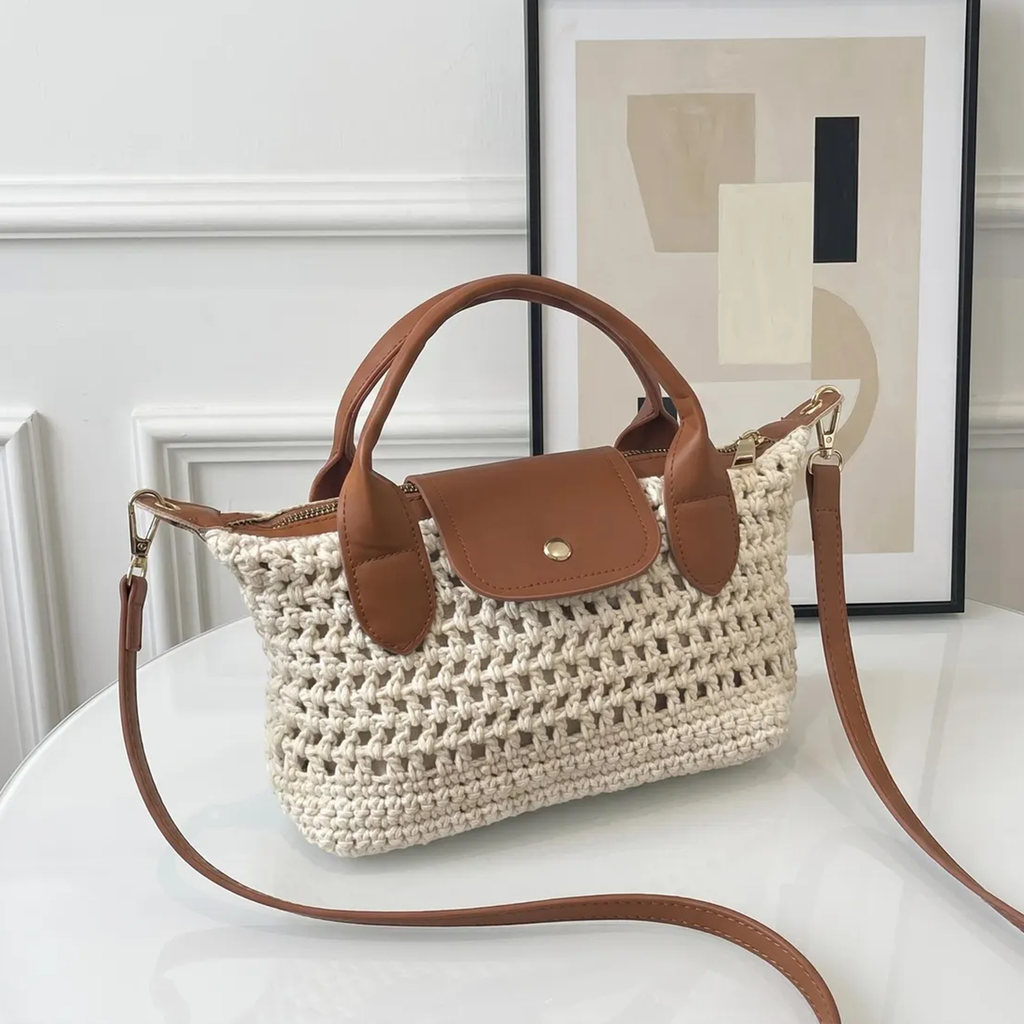 Chunky Open Grid Crochet Compact Mini Tote With Brown Trim Curved Top Grips, Snap Flap Pocket And Slider-Fitted Detachable Shoulder Carry Strip Hardware