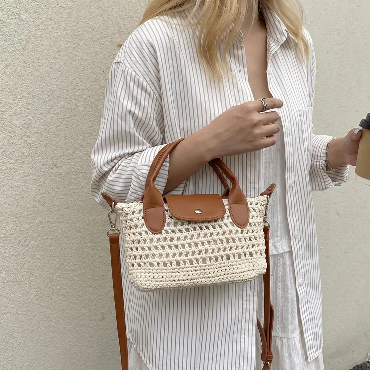 Chunky Open Grid Crochet Compact Mini Tote With Brown Trim Curved Top Grips, Snap Flap Pocket And Slider-Fitted Detachable Shoulder Carry Strip Hardware