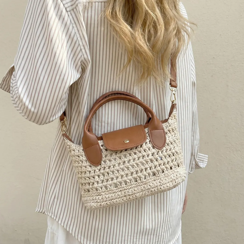 Chunky Open Grid Crochet Compact Mini Tote With Brown Trim Curved Top Grips, Snap Flap Pocket And Slider-Fitted Detachable Shoulder Carry Strip Hardware