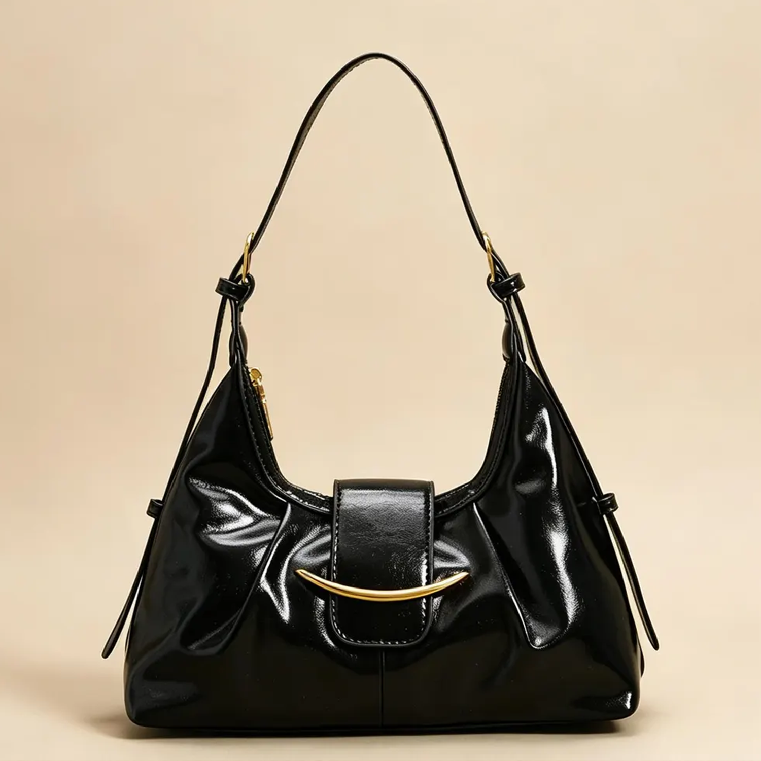 High-Gloss Gathered Pleat Crescent Underarm Bag With Curved Gold Bar Flap Accent, Slider Fitted Shoulder Strap And Secure Curved Top Zip Closure Hardware Leather Bag