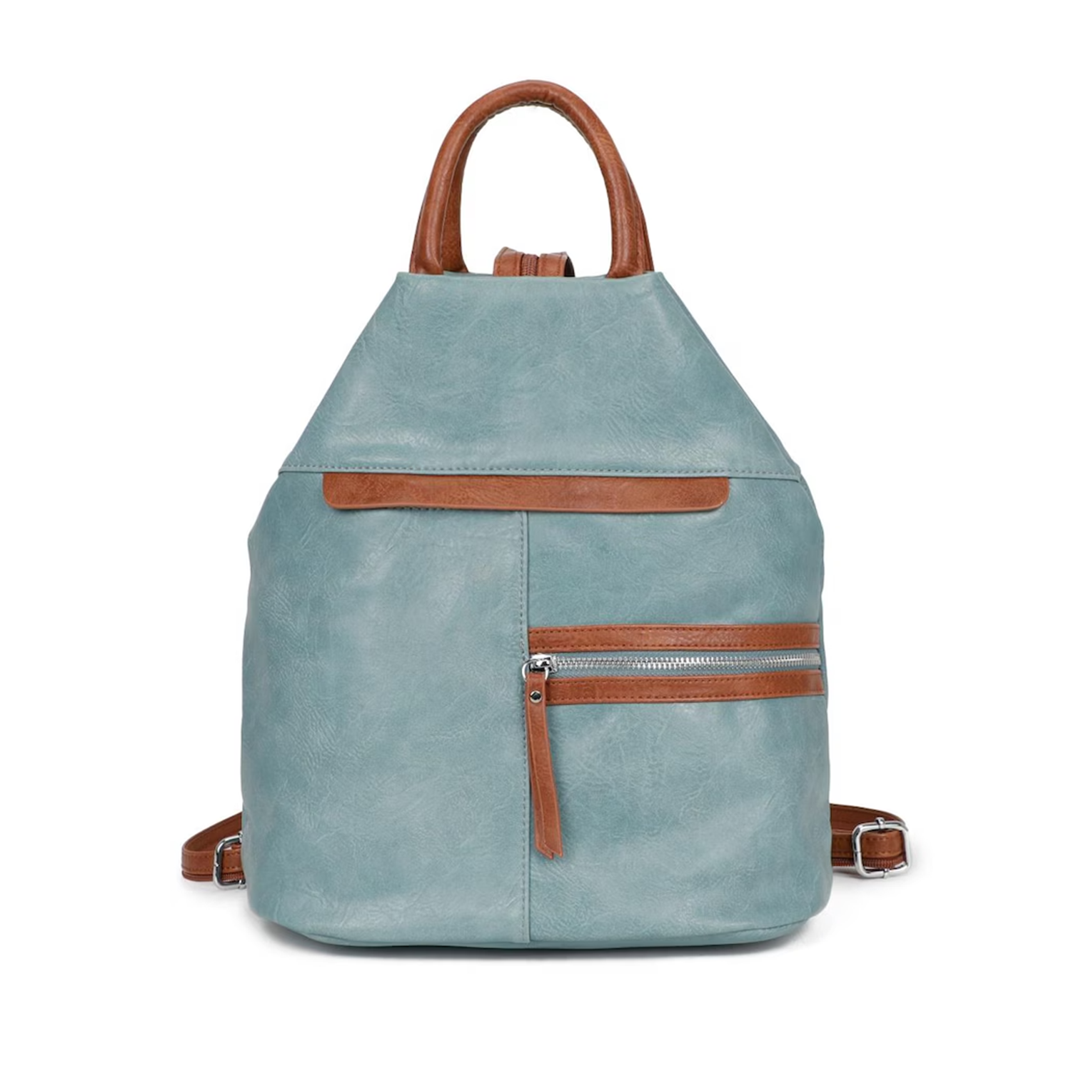 Soft Tapered Textured Rucksack With Contrast Brown Trim, Multiple Exterior Zip Pockets And Fixed Curved Top Grip Handle Hardware Backpack