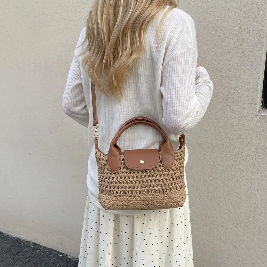 Chunky Open Grid Crochet Compact Mini Tote With Brown Trim Curved Top Grips, Snap Flap Pocket And Slider-Fitted Detachable Shoulder Carry Strip Hardware