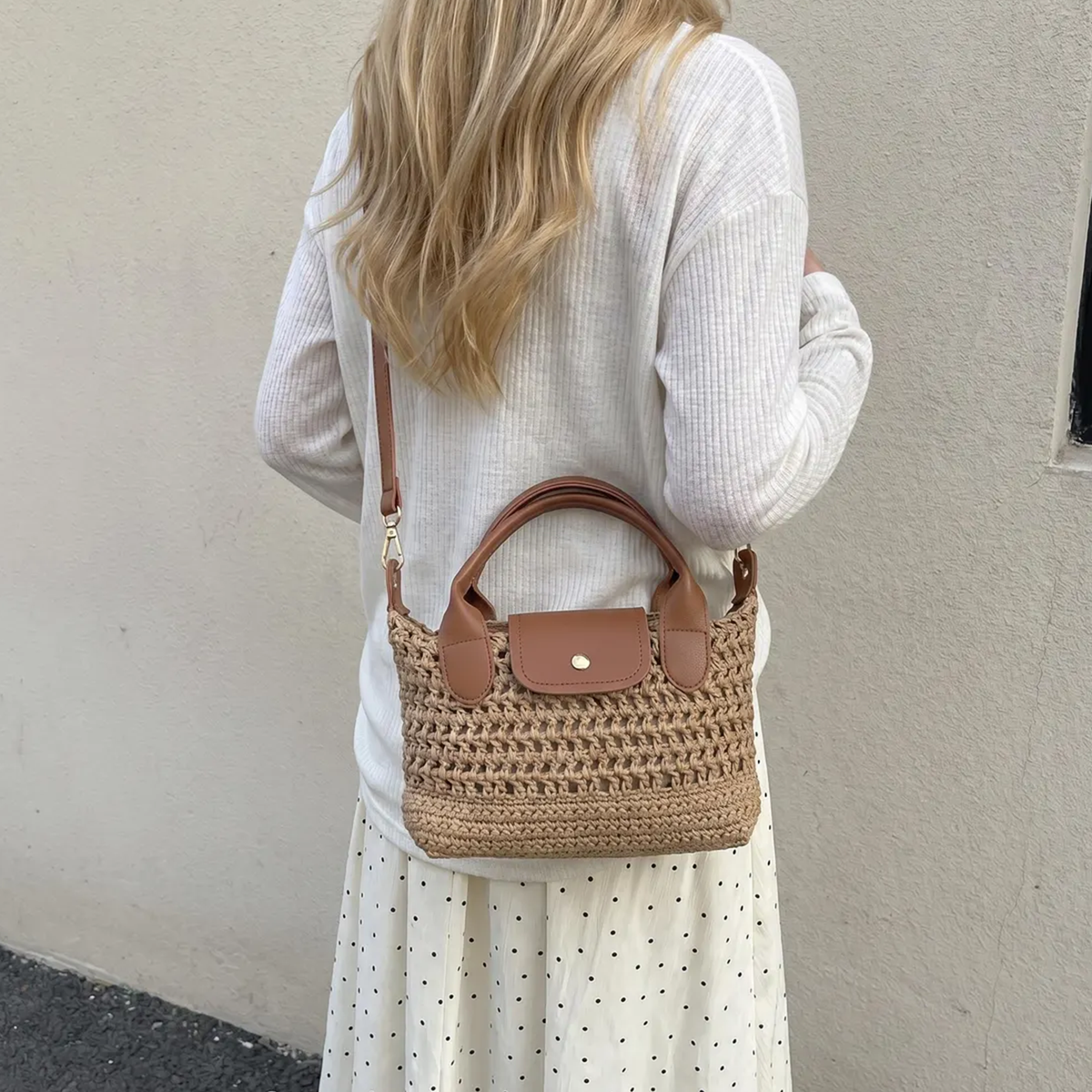 Chunky Open Grid Crochet Compact Mini Tote With Brown Trim Curved Top Grips, Snap Flap Pocket And Slider-Fitted Detachable Shoulder Carry Strip Hardware