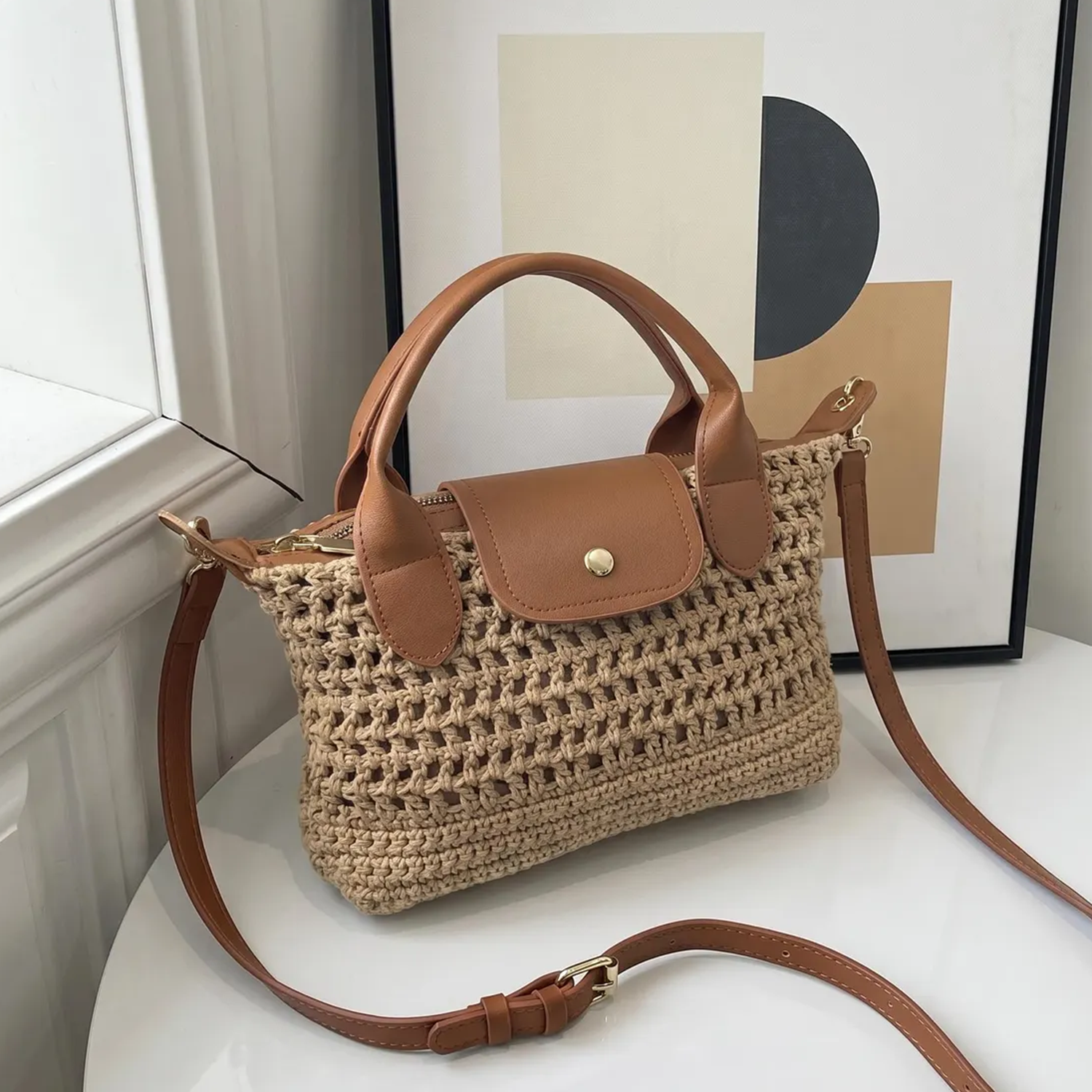 Chunky Open Grid Crochet Compact Mini Tote With Brown Trim Curved Top Grips, Snap Flap Pocket And Slider-Fitted Detachable Shoulder Carry Strip Hardware