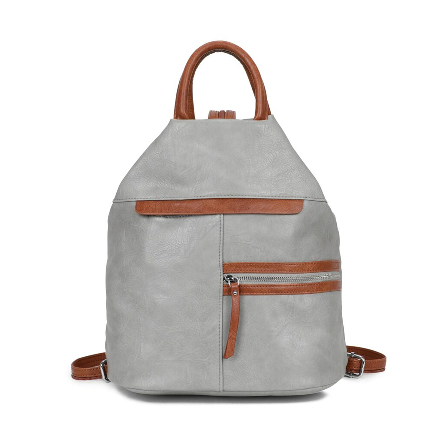 Soft Tapered Textured Rucksack With Contrast Brown Trim, Multiple Exterior Zip Pockets And Fixed Curved Top Grip Handle Hardware Backpack