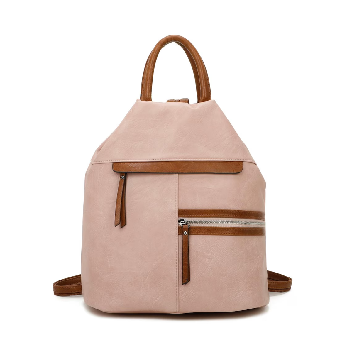 Soft Tapered Textured Rucksack With Contrast Brown Trim, Multiple Exterior Zip Pockets And Fixed Curved Top Grip Handle Hardware Backpack