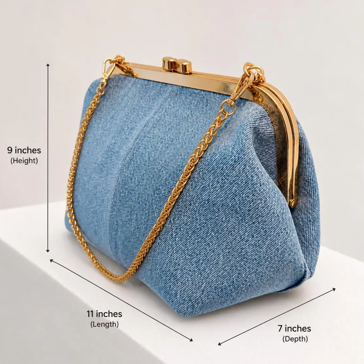 Light Wash Blue Woven Denim Rectangular Frame Clutch With Polished Gold Rim Press Clasp, Detachable Linked Metal Chain And Velvet Lined Inner Zip Divider Slot