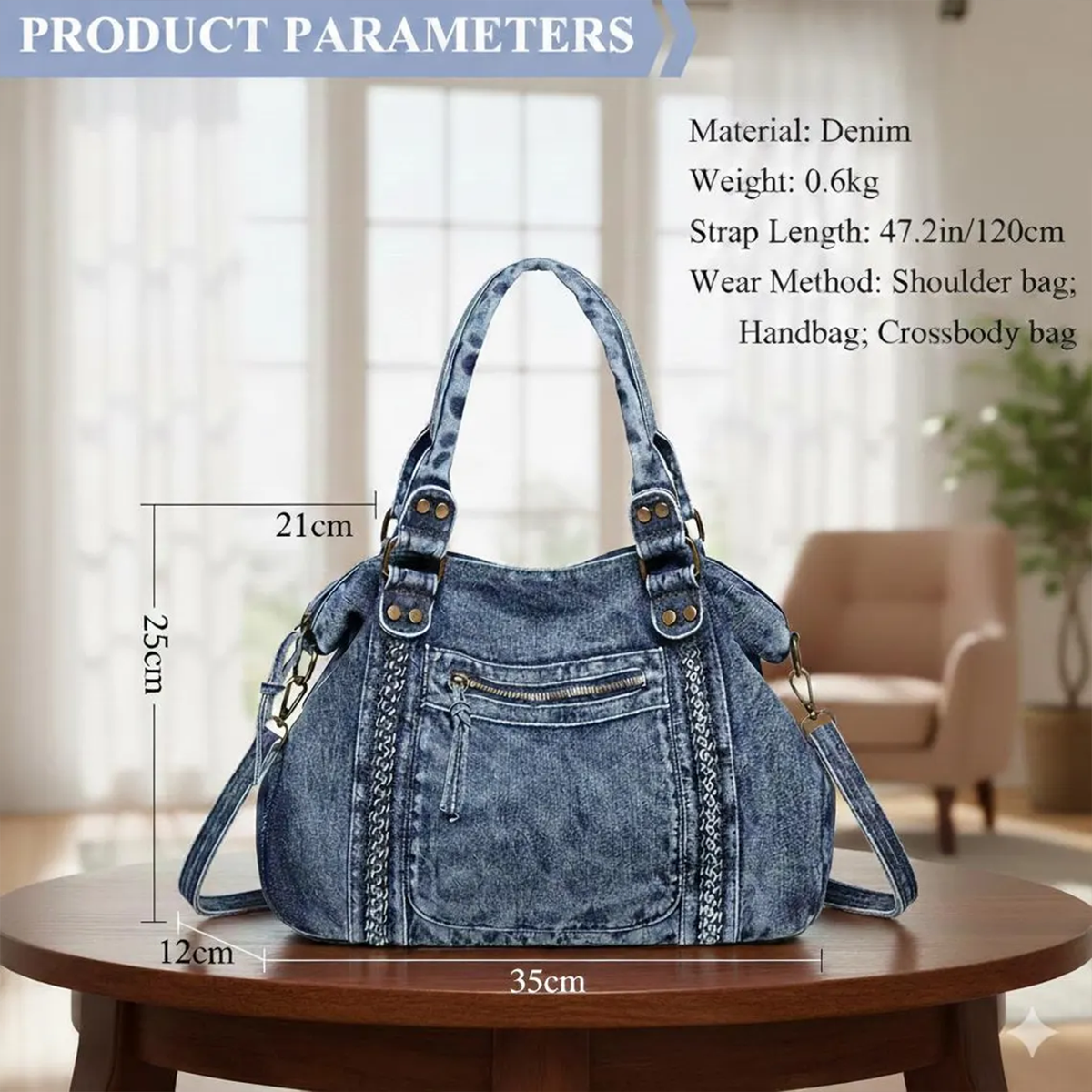 Faded Vintage Washed Blue Denim Slouchy Shoulder Tote With Vertical Braided Front Trim, Stud Reinforced Top Handles And Detachable Multi-Strand Denim Carry Strip Hardware