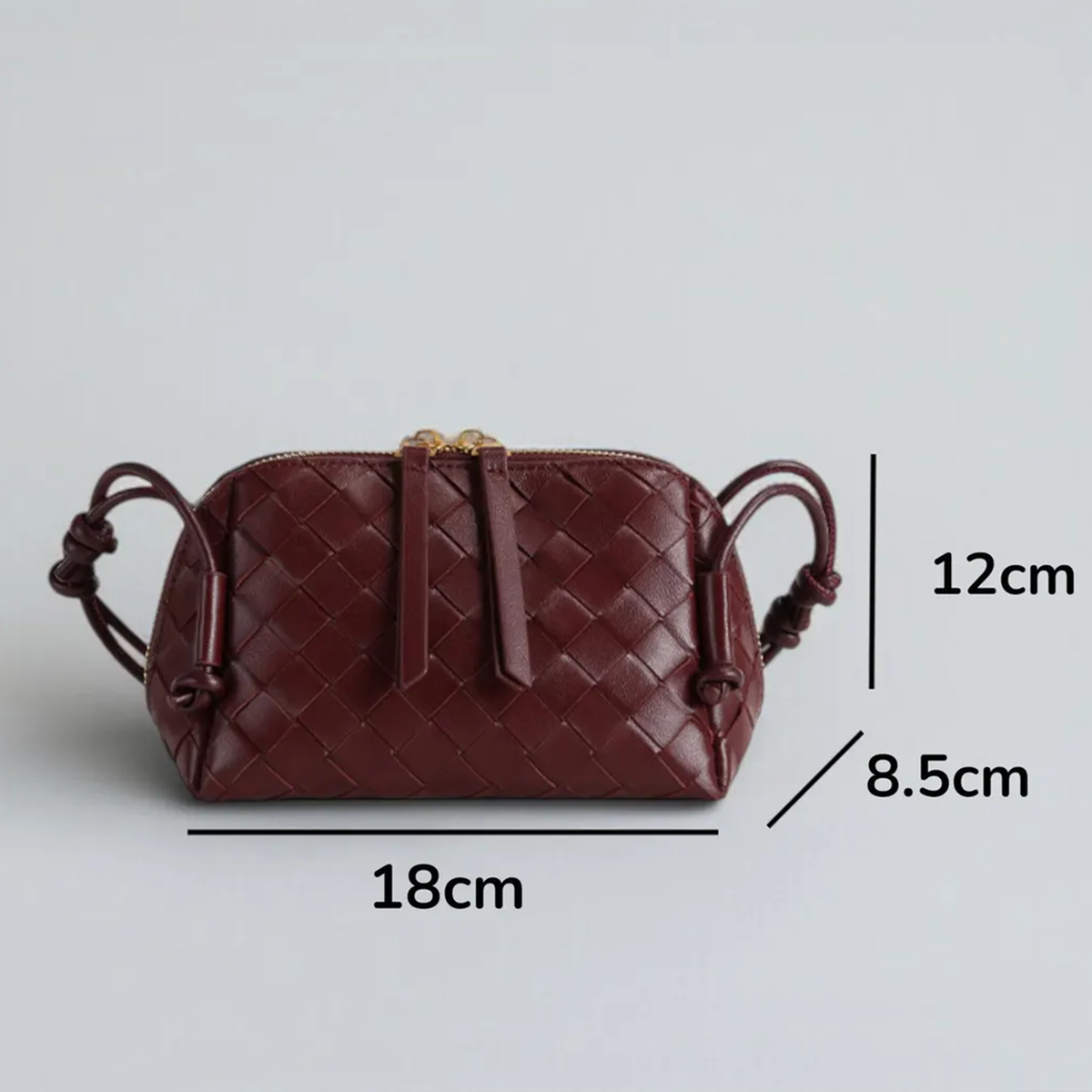 Multi-Tone Uniform Diamond Grid Woven Compact Rectangular Pouch With Knotted Side Loop Carry Strap And Dual Gold Pull Top Zipper Closure Hardware Leather Bag