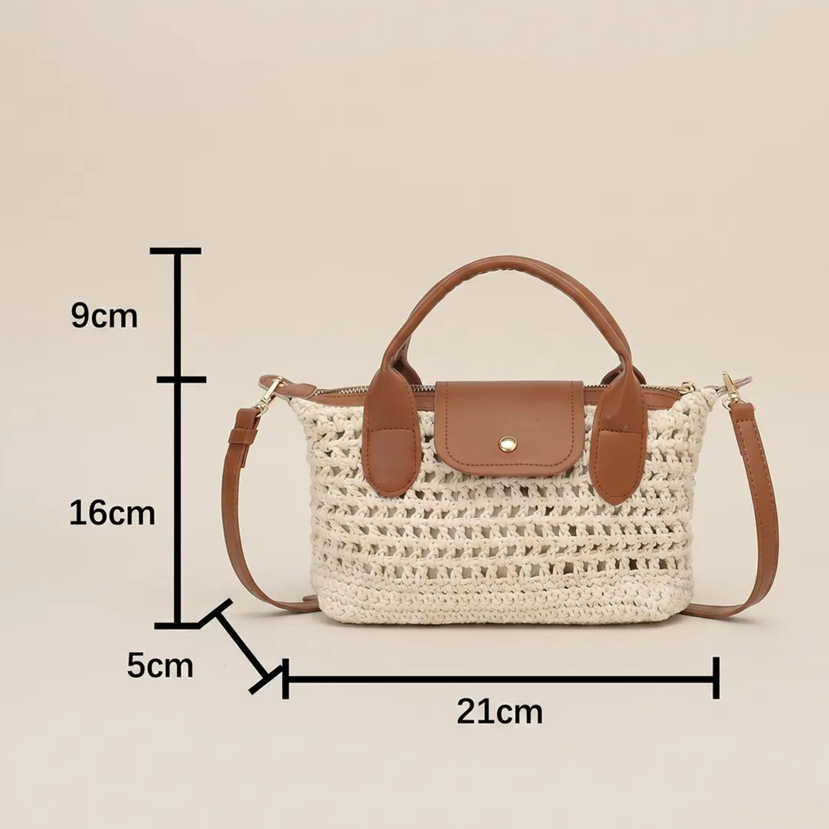 Chunky Open Grid Crochet Compact Mini Tote With Brown Trim Curved Top Grips, Snap Flap Pocket And Slider-Fitted Detachable Shoulder Carry Strip Hardware
