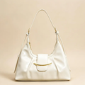 High-Gloss Gathered Pleat Crescent Underarm Bag With Curved Gold Bar Flap Accent, Slider Fitted Shoulder Strap And Secure Curved Top Zip Closure Hardware Leather Bag