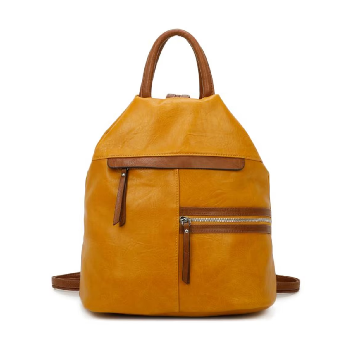 Soft Tapered Textured Rucksack With Contrast Brown Trim, Multiple Exterior Zip Pockets And Fixed Curved Top Grip Handle Hardware Backpack