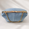 Light Wash Blue Woven Denim Rectangular Frame Clutch With Polished Gold Rim Press Clasp, Detachable Linked Metal Chain And Velvet Lined Inner Zip Divider Slot