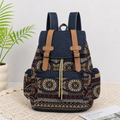 Ethnic Tribal Print Drawstring Flap Rucksack With Dark Denim Flap Cover, Tan Buckle Strap Hardware And Dual Side Zip Storage Pouches Backpack