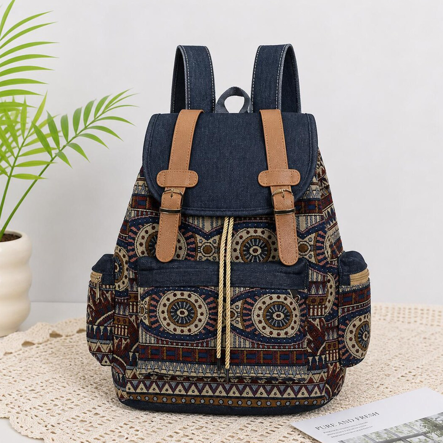Ethnic Tribal Print Drawstring Flap Rucksack With Dark Denim Flap Cover, Tan Buckle Strap Hardware And Dual Side Zip Storage Pouches Backpack