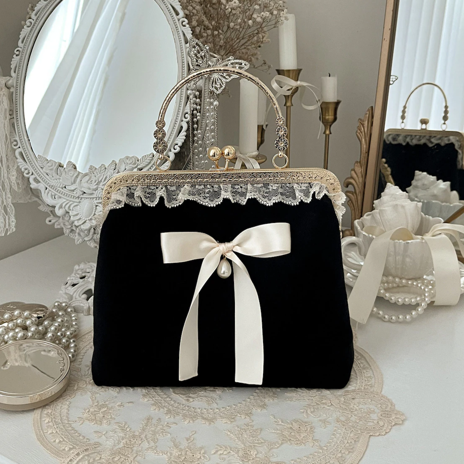 Matte Black Velvet Vintage Rectangular Frame Handbag With Lace Trim Satin Pearl Bow Accent, Floral Engraved Golden Kiss-Lock Frame And Jacquard Lace Edged Lining