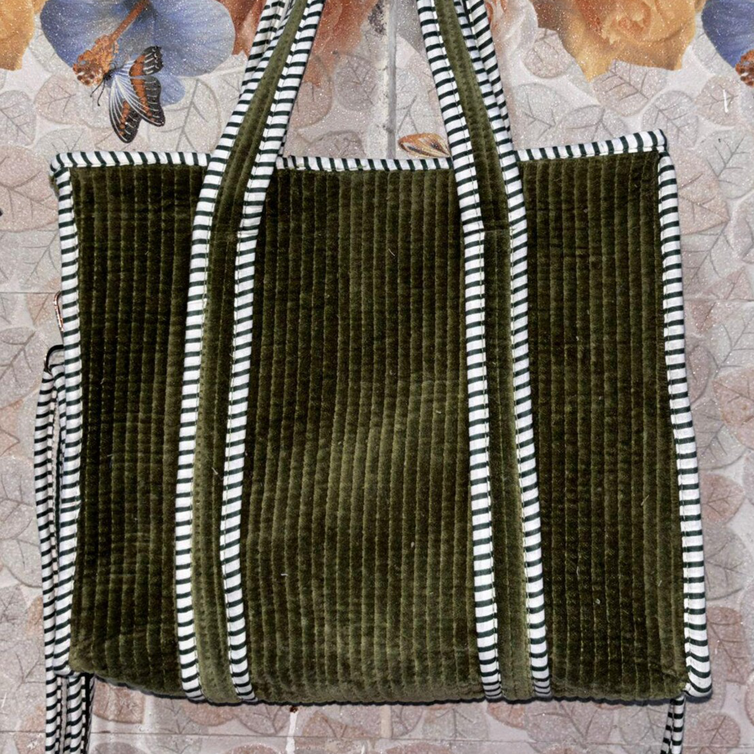 Olive Vertical Ribbed Velvet Structured Rectangular Tote With Contrast Black White Striped Trim, Dual Velvet Top Handles And Detachable Striped Fabric Shoulder Carry Strip Hardware