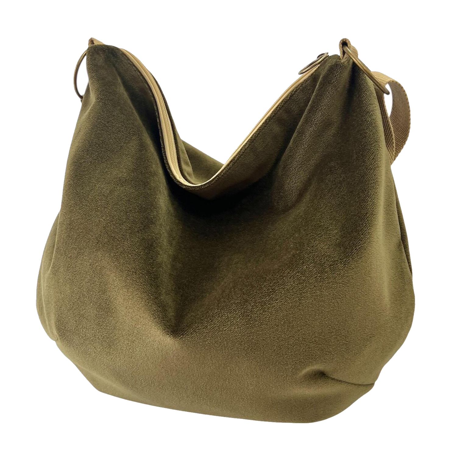 Muted Olive Plush Velvet Oversized Slouch Hobo Sack With Floral Print Lining, Wide Beige Woven Webbing Shoulder Strap And Full Curved Fabric Zip Top Closure Hardware