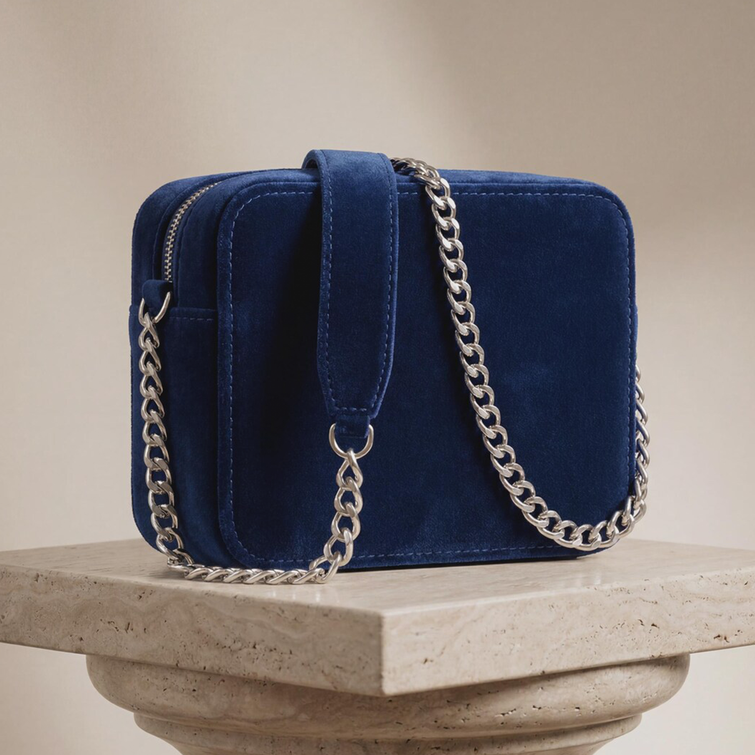 Deep Royal Blue Matte Velvet Compact Rectangular Box Pouch With Dual Parallel Silver Zip Compartments, Velvet Shoulder Tab And Polished Curb Metal Chain Carry Hardware