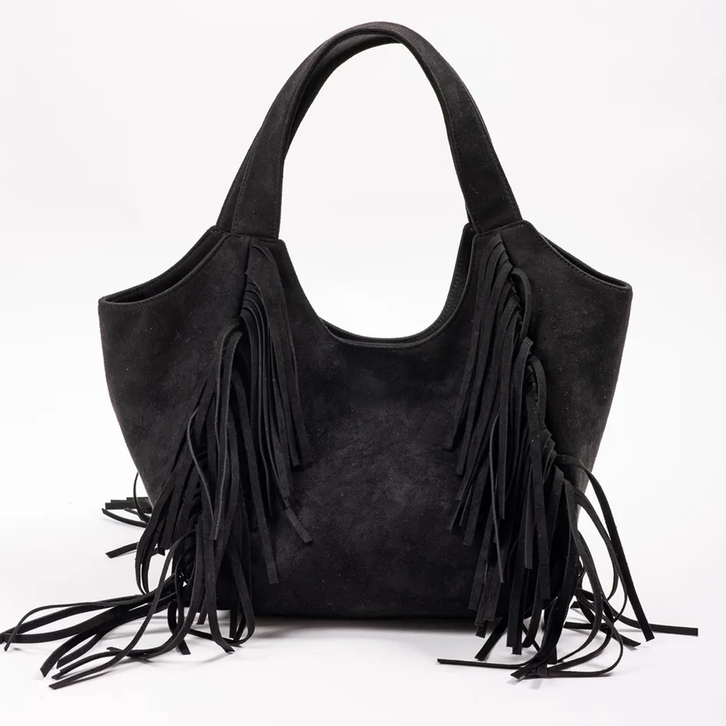 Matte Deep Black Soft Suede-Like Slouch Curved Hobo Tote With Cascading Side Fringe Accent And Fixed Wide Matching Fabric Top Handle Loops Leather Bag