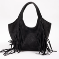 Matte Deep Black Soft Suede-Like Slouch Curved Hobo Tote With Cascading Side Fringe Accent And Fixed Wide Matching Fabric Top Handle Loops Leather Bag