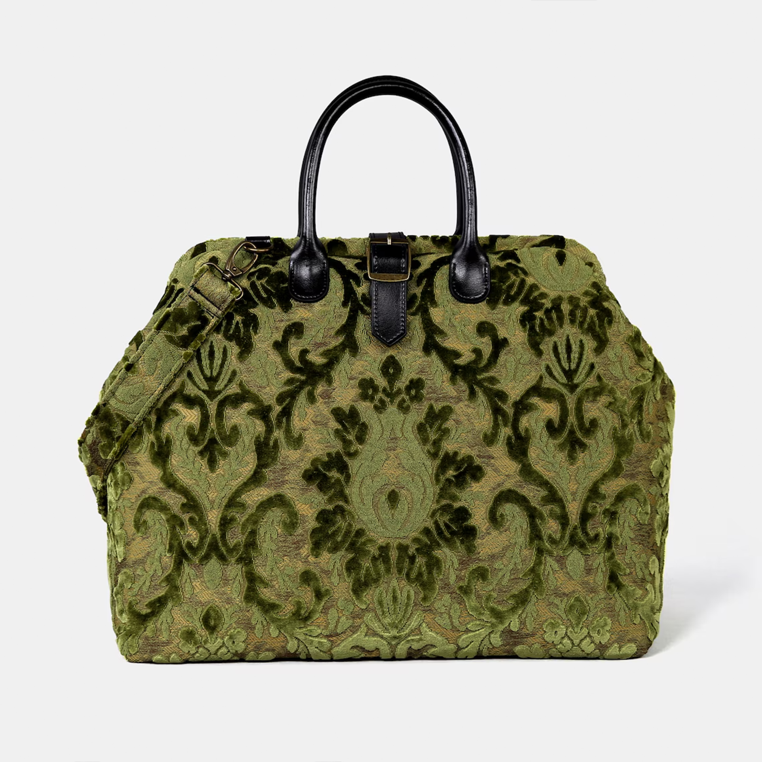 Fern Green Burnout Velvet Structured Weekender Duffel With Raised Damask Scroll Motifs, Black Leather Top Handles, Base Support Studs And Matching Pattern Detachable Shoulder Carry Strap Hardware
