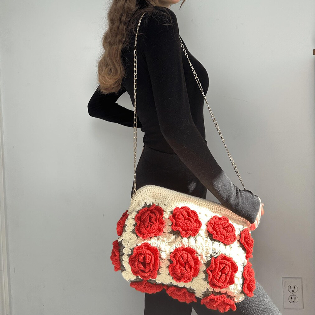 Cream Off-White Granny Square Crochet Rectangular Pouch With Raised 3D Red Rose Embellishments, Polished Curb Metal Chain Strap And Full Top Fabric Zip Closure Hardware